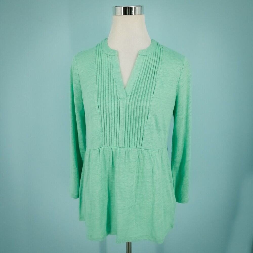 Boden Size Small S Green Pintuck Pleated V Neck Long Sleeve 100% Linen Knit Top